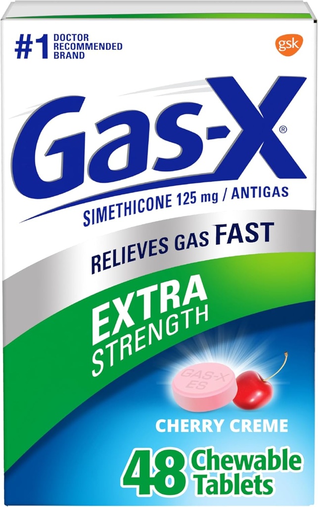 Gas-X Extra Strength Cajas de Alivio de Gas Chewable con Simethicone 125 mg, Cereza - 48 Conde