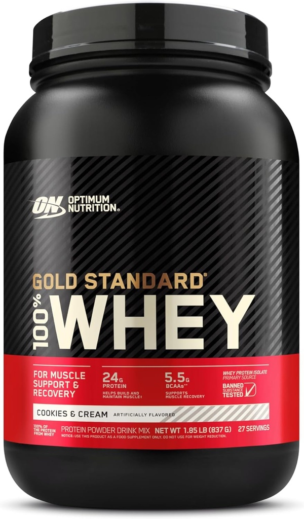 Optimum Nutrition Gold Standard 100% Whey Protein Powder, Cookies &amp; Crema, 2 libras (paquete mayo Vary)