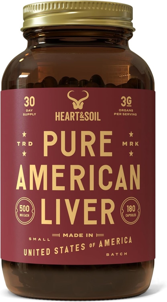 HEART & SOIL – American Liver Supplement – 3000mg Grass-Fed Beef Liver, Rich in Vitamin A, B12, Iron & Peptides – Non-GMO, Allergen-Free – 180 Capsules