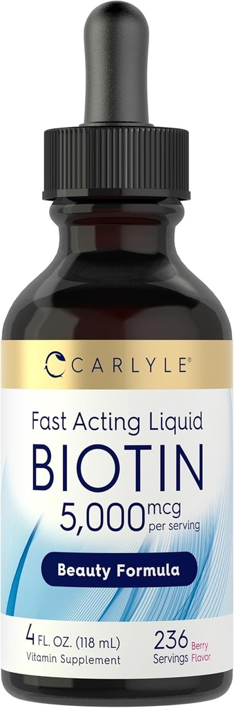 Carlyle Biotin 5000mcg Líquidas gotas Silencio 4 fl oz Silencio para Mujeres y Hombres Silencio Berry Flavor ← Belleza Fórmula Anterior Vegetariano, No GMO &amp; Gluten Suplemento Gratis