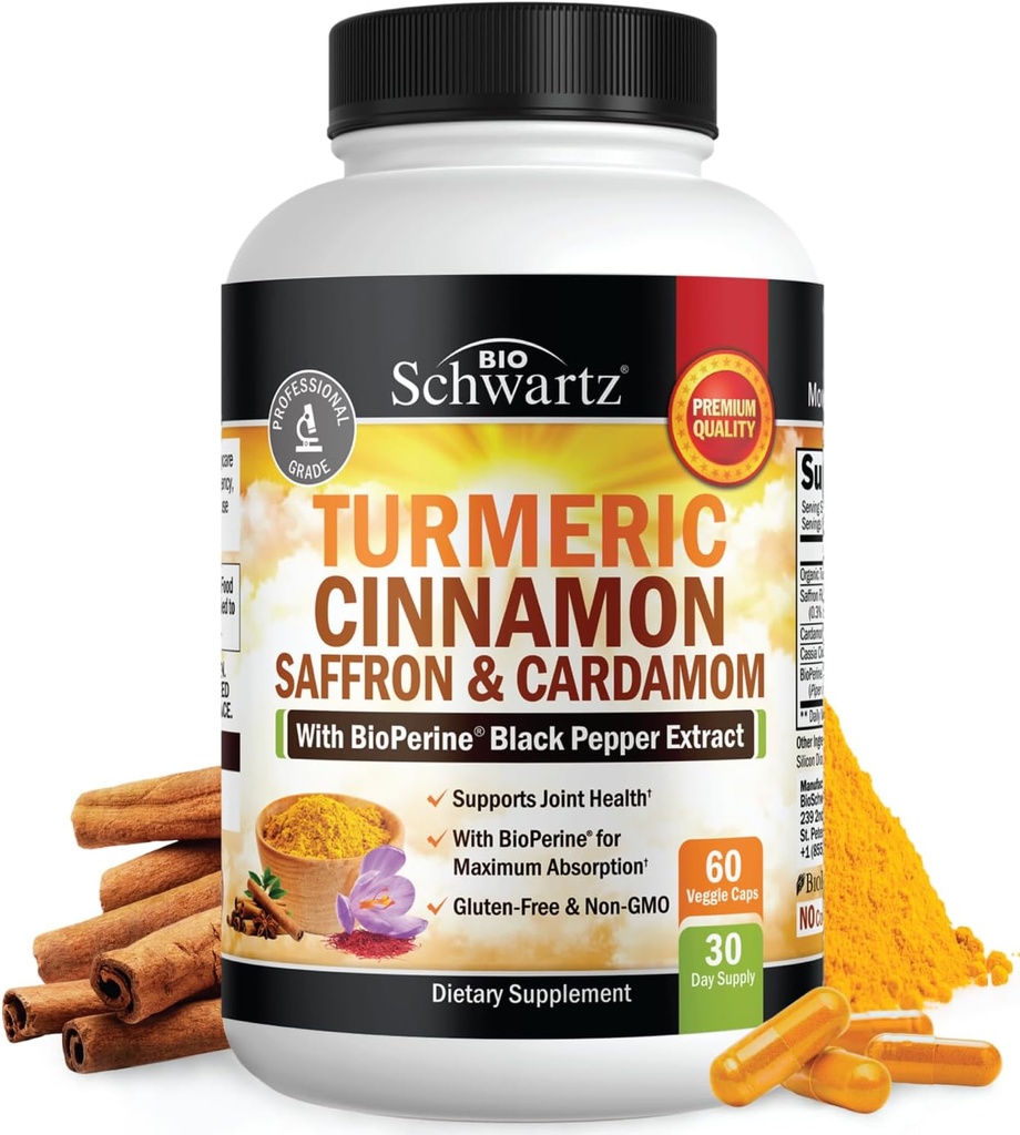 Suplemento Turmérico con Saffron, Cinnamon y Cardamom Plus BioPerine Black Pepper Extracto de Absorción Optimal, Natural Tumeric Curcumin Joint Support Suplemento para Mujeres y Hombres, 60 cápsulas