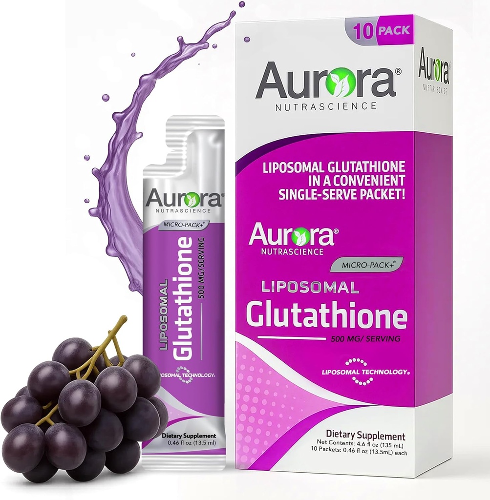 Aurora Nutrascience Micro-Liposomal Liquid Glutathione, Immune & Antioxidant Gut Health Support Suplemento, 500 mg por Serving, Gluten Free, Non-GMO, Sugar-Free, 10 Single-Serve Packets
