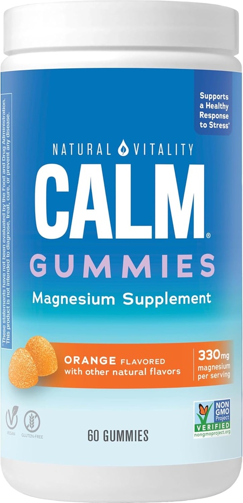 Natural Vitality CALM, Suplemento de Magnesio, Stress Relief Gummies, Supports a Healthy Response to Stress, Gluten Free, Vegan, Orange Flavored, 60 Gummies