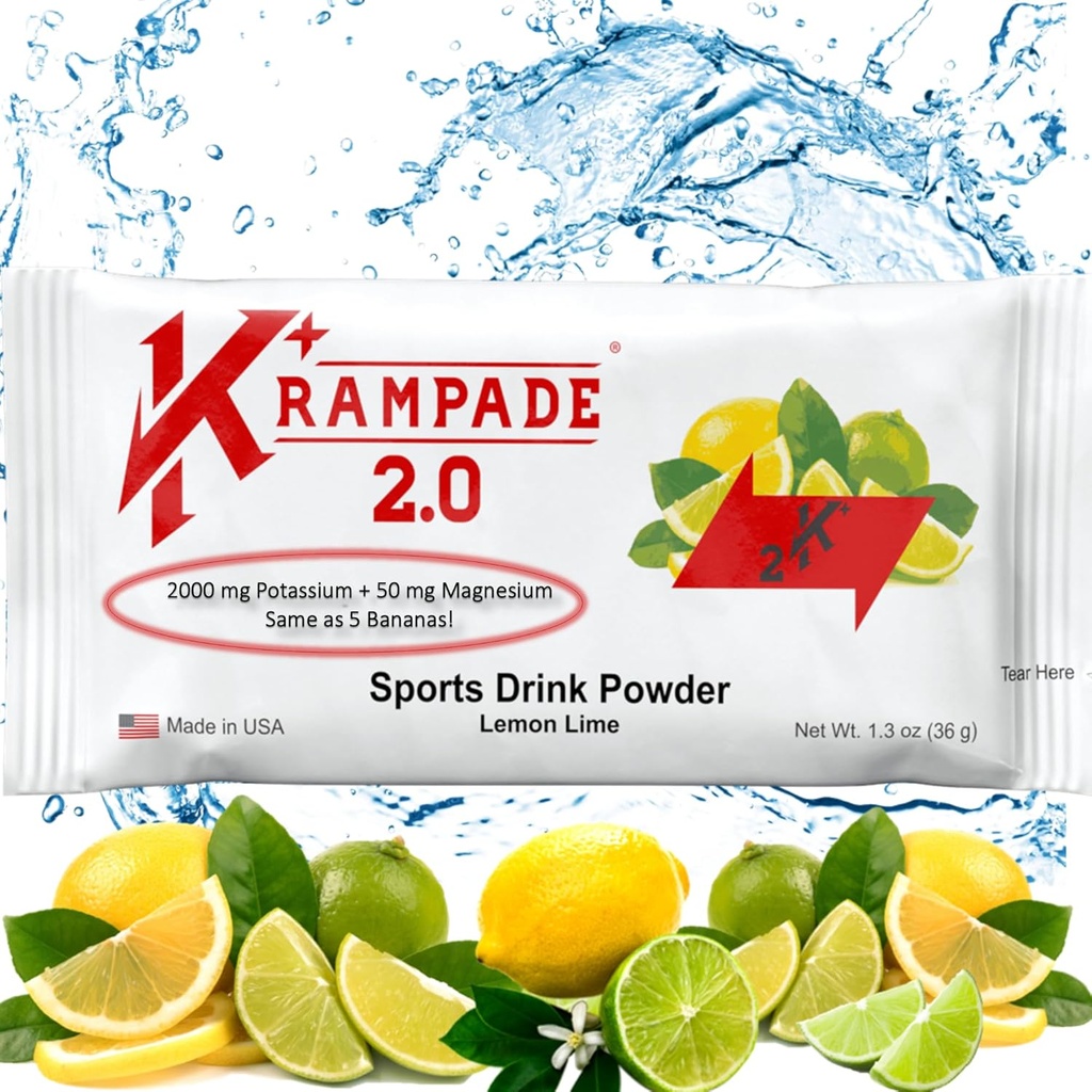 Krampade Potassium Magnesium Supplement Electrolytes Powder - 50 mg Mag + 2000 mg K, √2X Más que Coconut Water ¦ Cramp Relief ← Hydration Packets