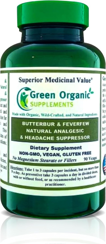 Green Organic Supplements Butterbur, Feverfew, Analgesic, Painkiller, & Headache Suppressor, 90 VCaps, High Absorbable, Non-GMO, Gluten-Free (Pack of 1)