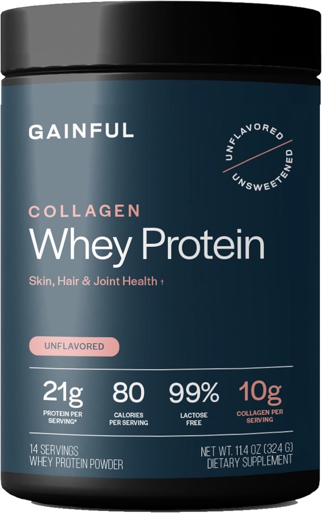 Pólvora de Proteína Gainful Collagen Whey Protein, 21g Proteína por Serving, Desflavored, Supports Muscle Recovery, Joint Health, and Skin Hydration with Grass-Fed Collagen Peptides, Vitamin C, 14 Servings
