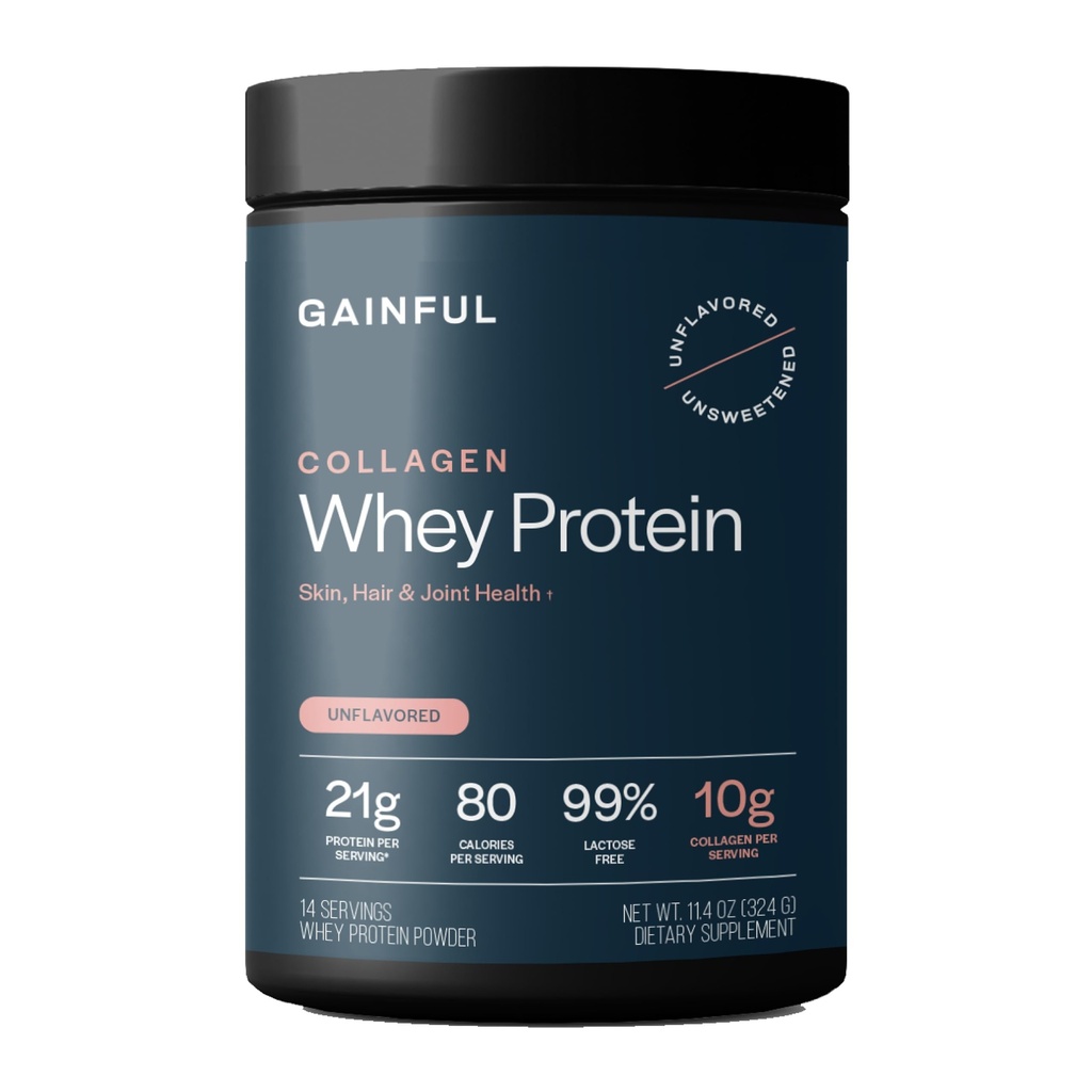 Pólvora de Proteína Gainful Collagen Whey Protein, 21g Proteína por Serving, Desflavored, Supports Muscle Recovery, Joint Health, and Skin Hydration with Grass-Fed Collagen Peptides, Vitamin C, 14 Servings