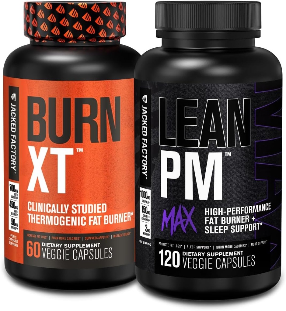 Fábrica de Jacked Burn-XT Pérdida de peso termogénico clínicamente estudiado (60 cápsulas) - Lean PM MAX Sleep Aid (120 cápsulas) para la supresión de la competencia (180 cápsulas)