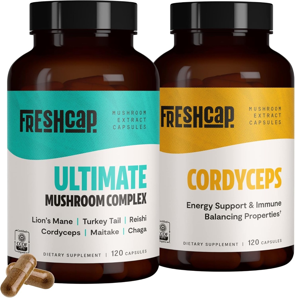 FreshCap Mushrooms Energy Bundle (Cordyceps Capsules y Ultimate Mushroom Complex Capsules)