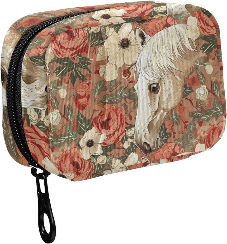 Fustylead Vintage Hermoso Caballo Blanco y Flor Pill Organizer for Purse, Caja semanal de píldoras portátiles con cremallera para almacenar vitaminas Aceites de pescado Suplementos