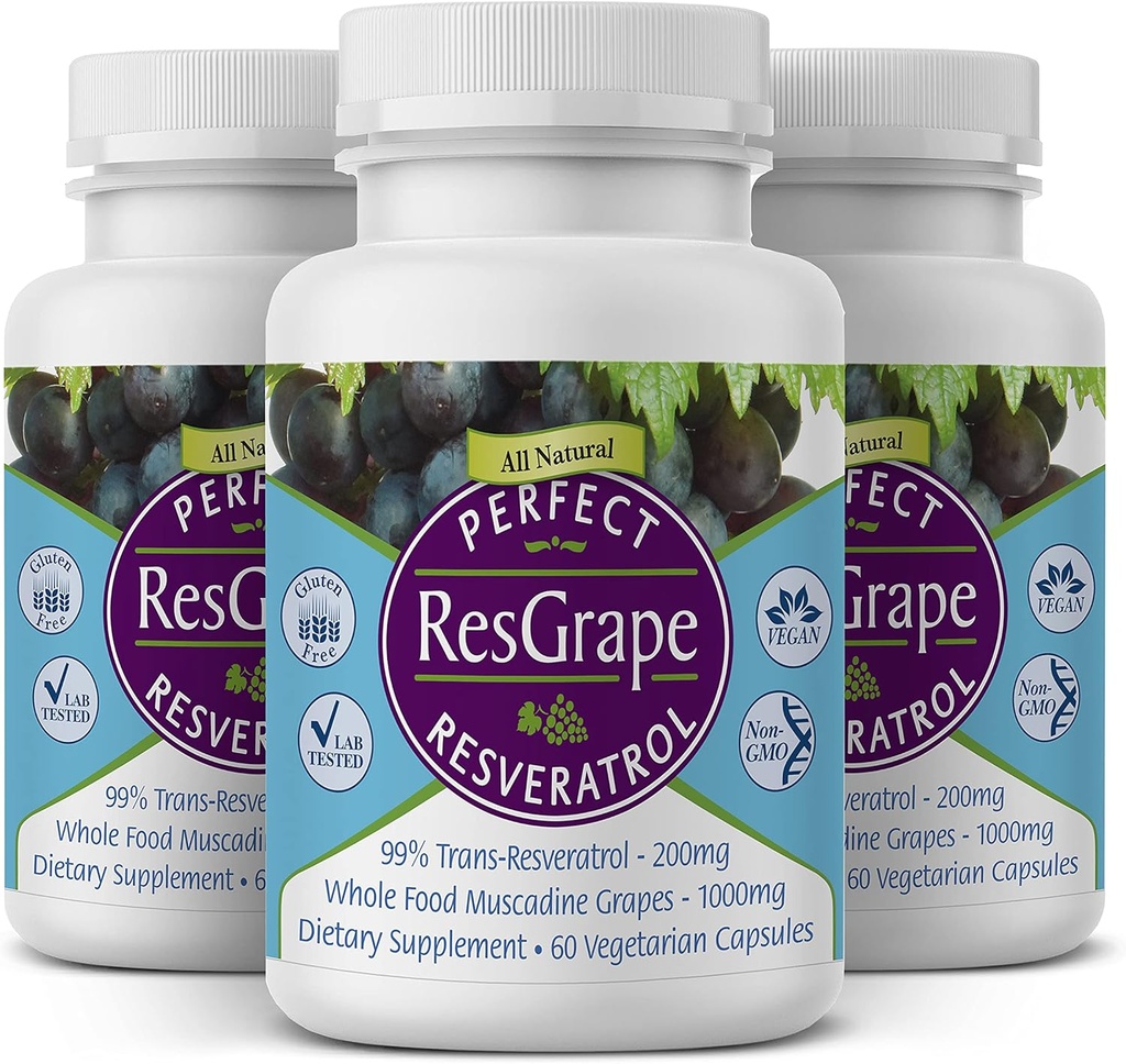 Suplementos perfectos – Resveratrol de resina perfecta – 60 cápsulas – Trans-Resveratrol " Moscadina orgánica - 3 Pack