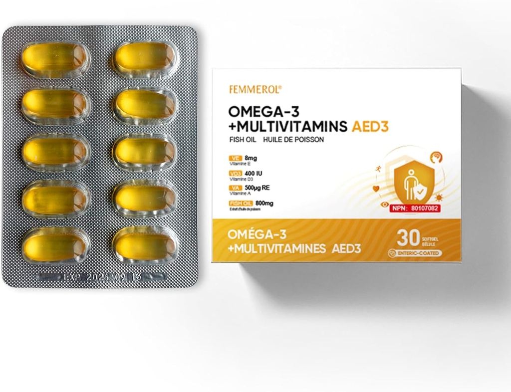 Multivitaminas con Omega-3, Multivitamina para Mujeres y Hombres, Aceite de Pescado Coado Enterico DHA/EPA con Vitamina A, Vitamina E y Vitamina D3 para Soporte de Función Inmunitaria (1 Box 30 Softgels)