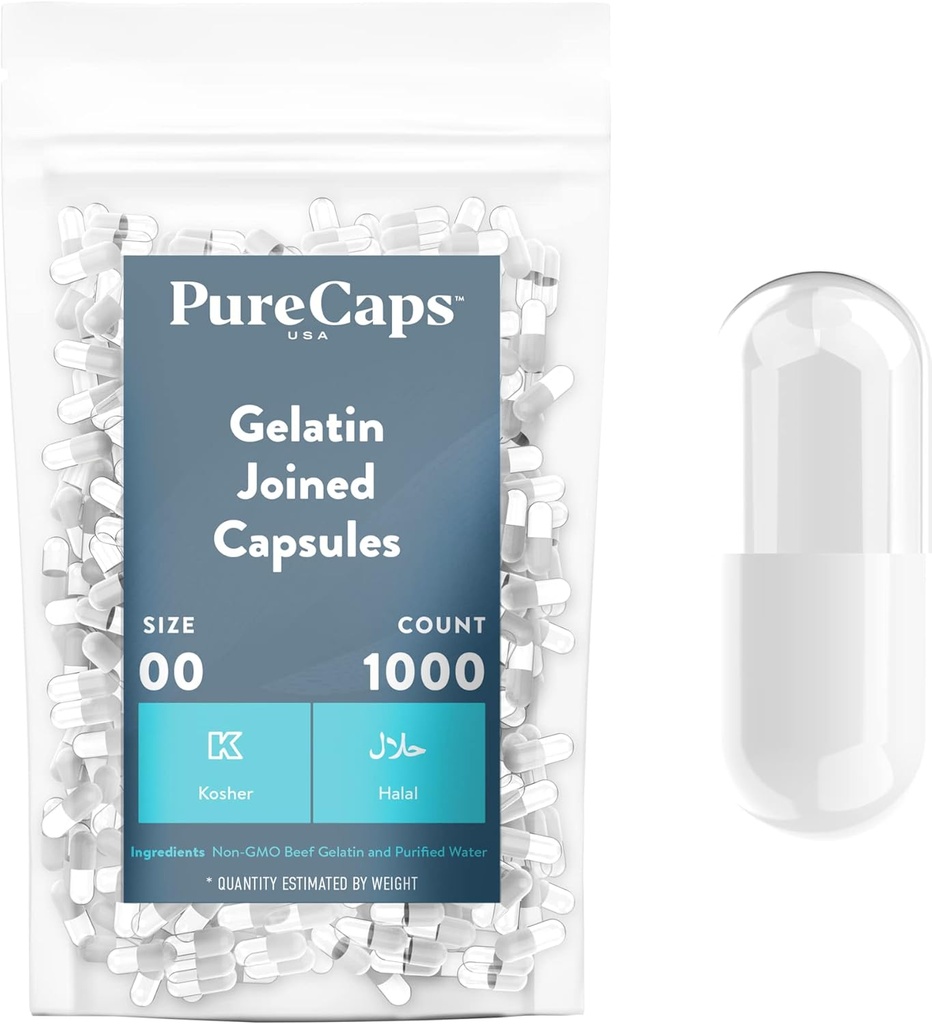 PureCaps USA - Empty Gelatin Capsules Size 00 vírgenes 1,000 Joined Pills under White/Clear WordPress Non-GMO Certified ¦ SLS, Gluten, Preservative Free