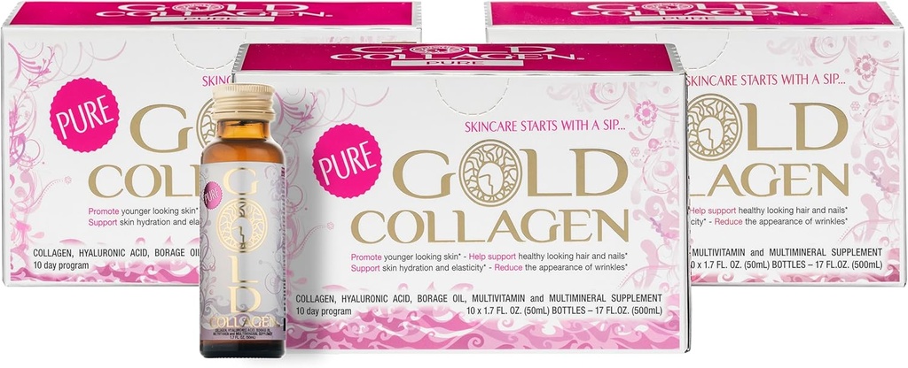 GOLD COLLAGEN Pure - Colagen Supplements for Women &amp; Men with Biotin for Hair Growth, Skin and Nail - Anti Wrinkle Immune System Booster with Hyaluronic Acid, Vitamin C, B6 y Zinc, 3 Pack 10x50 ml