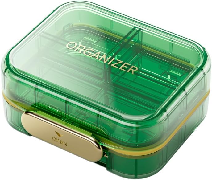 Pequeño organizador de píldoras de viaje, 7 compartimentos caja de píldoras, 1 paquete diario caja de píldoras portátiles para mantener las vitaminas, pequeño contenedor de píldoras para la medicina del bolsillo organizador