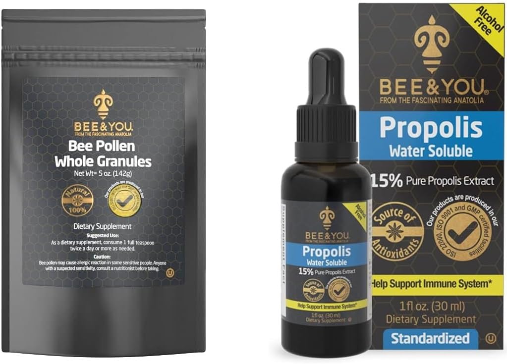 BEE y You Bundle, Bee Pollen Granules, 5oz Bag, con 100% Natural Propolis Extract Drops, Ultra Pure, Immune Support Supplement, Superfood, Antipxidants, Vitaminas,