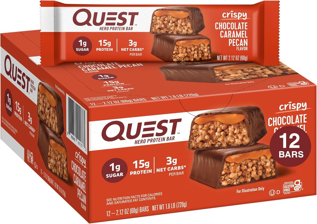 Quest Nutrition Crispy Chocolate Caramel Pecan Hero Protein Bar, 15g Protein, 1g Sugar, 3g Net Carb, Gluten Free Protein Snack, Keto Friendly, 12 Conde