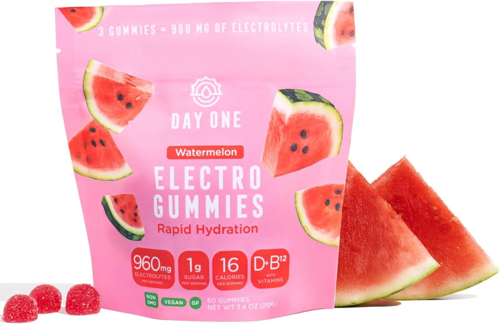 Day One ElectroGummies – Electrolyte Hydration Gummies – Ideal para aumentar la hidratación y la energía – Running, Workout – Sour Watermelon Flavored – 60 Gummies