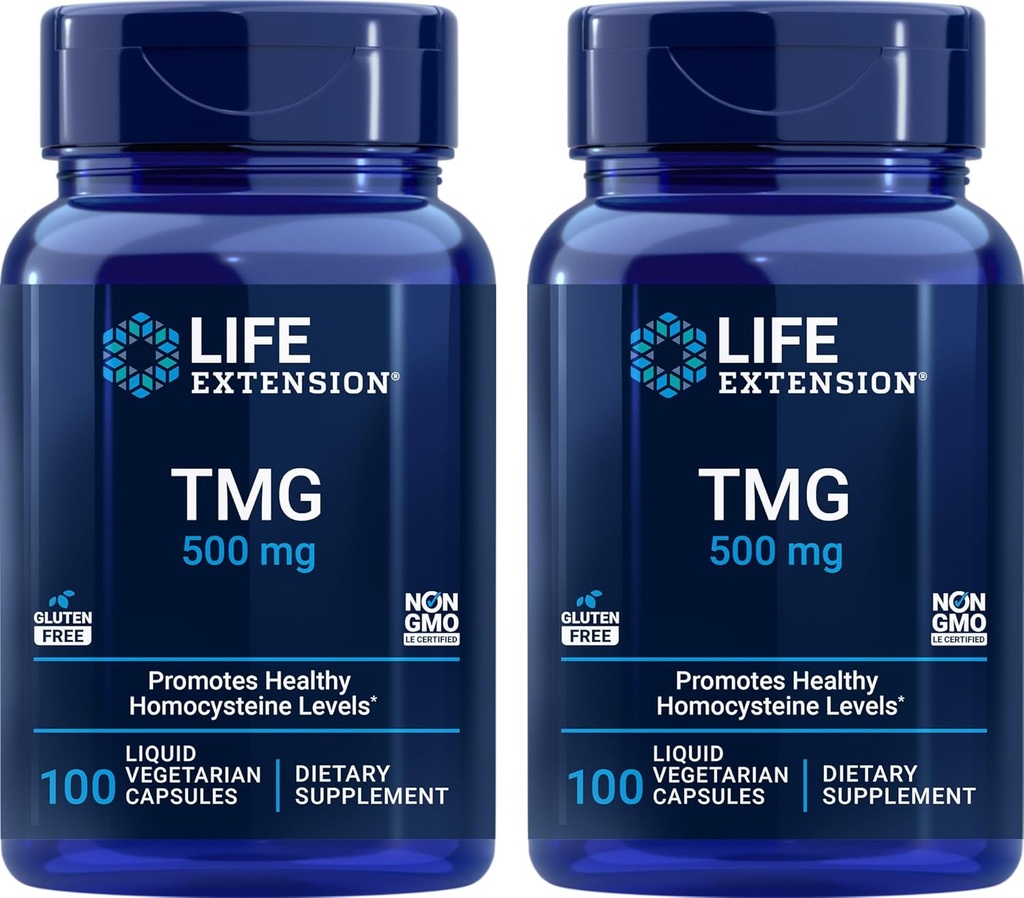 Extensión de vida TMG 500mg, 100 tapas de veg líquido (Pack of 2) - Trimetilglycine (Glycine Betaine) Suplemento - Gluten Free, Non-GMO, Vegetarian