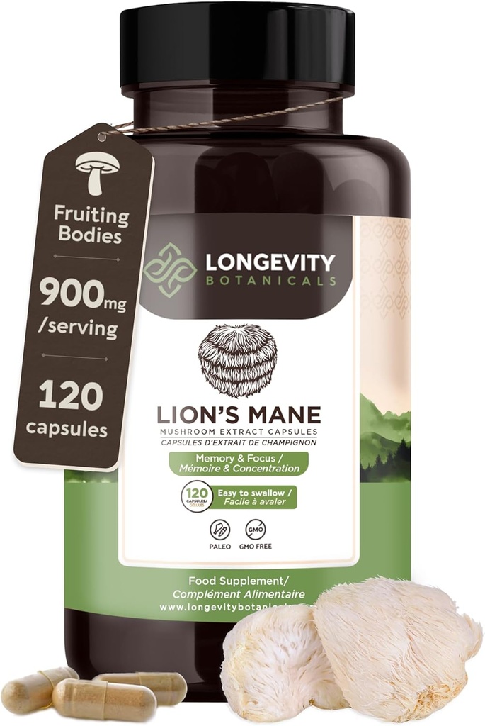 Organic Lions Mane Supplement Capsules (120) Silencio Pure Fruiting Body 8:1 High Strength Mushroom Extract ← 20% Beta-D Glucans latitud 7,200mg Raw Equivalent Por Serving  Focus, Memory, Gut &amp; Brain Support