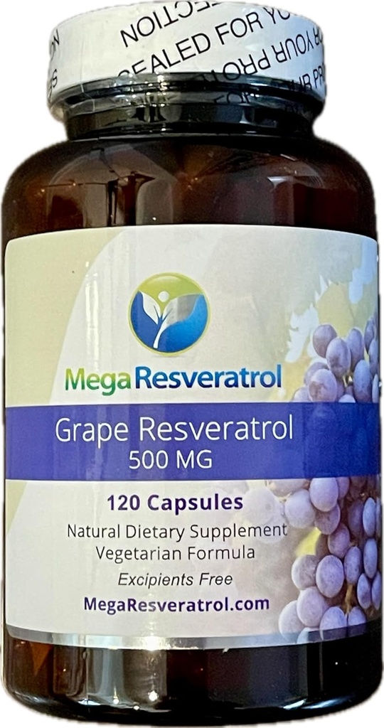 Mega Resveratrol Red Grape Skin, Piceid Resveratrol, Water-Soluble/High Absorption/Boosts Nitric Oxide. 500mg por cápsula. Pureza certificada. NO Ingredientes tóxicos “inactivos”. Keto, Vegan, Non-GMO.