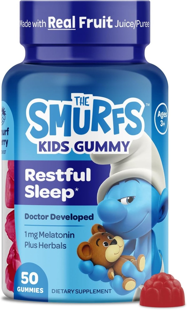 The Smurfs 1mg Melatonin Gummies for Kids with Chamomile & Lemon Balm for a Restful Sleep Age 3+ ← Non-Habit Forming TEN Made with Real Fruit in a Smurf Berry ← Doctor Desarrollado ← 50 Vegetarian Gummy