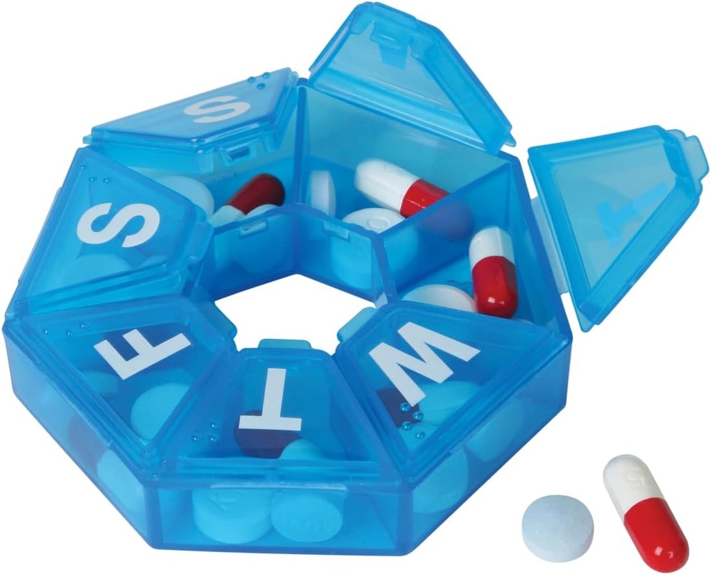 EZY DOSE Caja semanal de píldoras (7 días), Planificador de Medicina, Caja de Organizador de Vitaminas, Planificador de Píldoras de Viaje, Almacenamiento Portable, 7 camas, Color May Vary, BPA Gratis