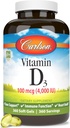 Carlson - Vitamina D3, 4000 UI (100 mcg), Bone & Immune Health, Cholecalciferol Suplemento, Gluten Free Vitamin D Capsules, 360 Softgels