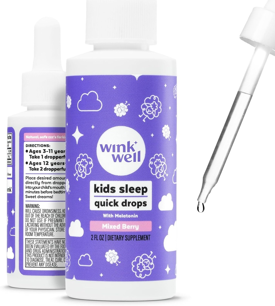 Wink Well Kids Liquid Melatonin Drops- Natural Baby Sleep Drops for Toddler Sleep Aid with 1mg Por Serving-No-Addictive Children's Liquid Melatonin- 2 Oz
