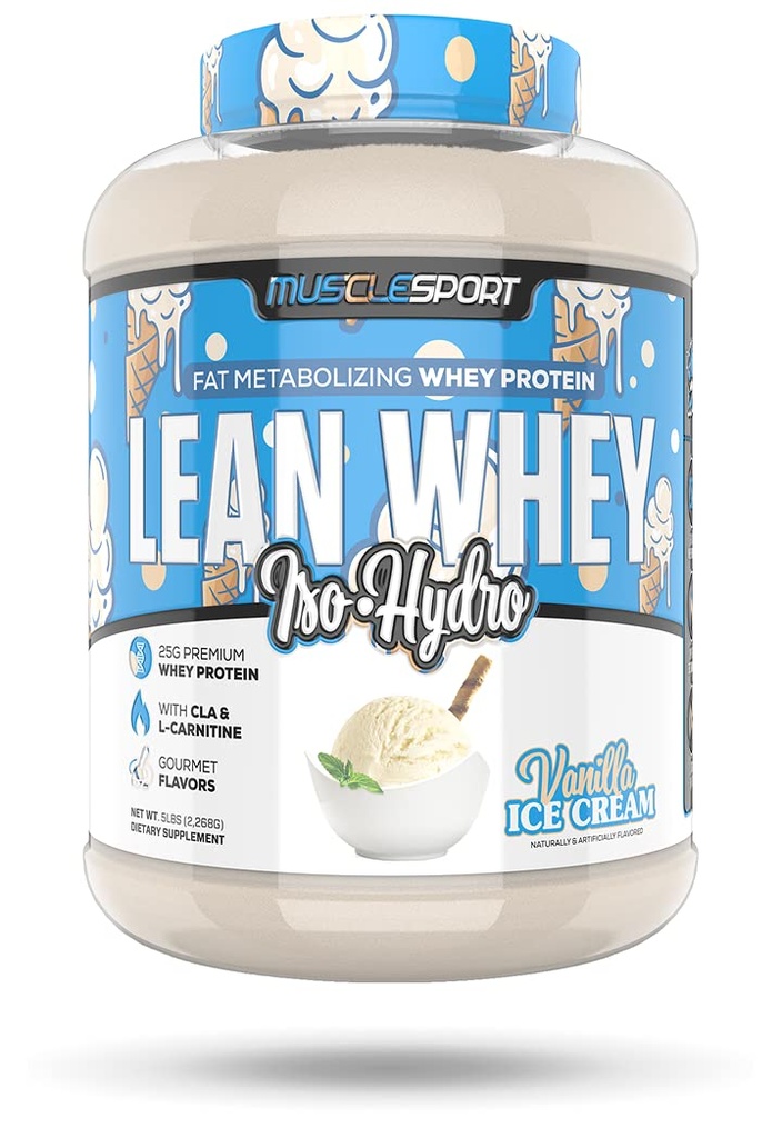 Musclesport Lean Whey RevolutionTM Protein Powder - Whey Protein Isolate - Bajo Calorie, Bajo Carb, Bajo Gordo, Sabores Increíbles - 25g Proteína por Scoop - 5lb Vanilla Ice Cream
