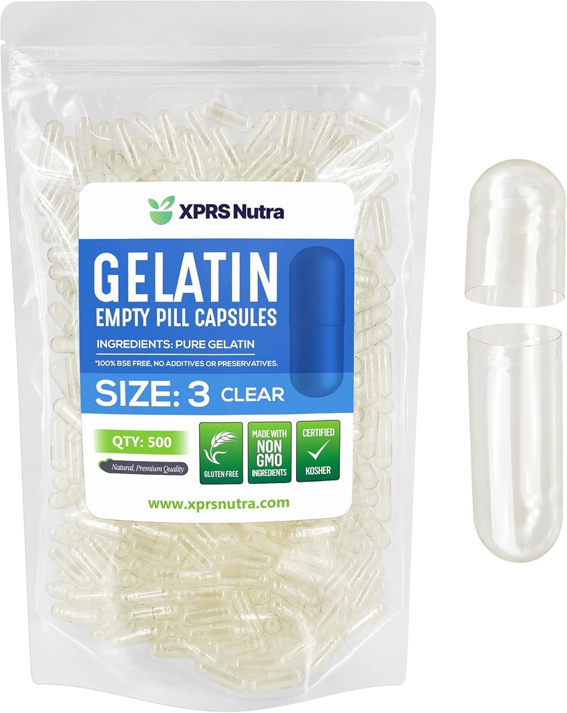 XPRS Nutra Size 3 Empty Capsules - 500 Cuentas Clear Empty Gelatin Capsules - Pills DIY Capsule Filling - Pure Bovine Pill Gel Caps Fillable for Do-It-Yourself Vitamins and Supplements