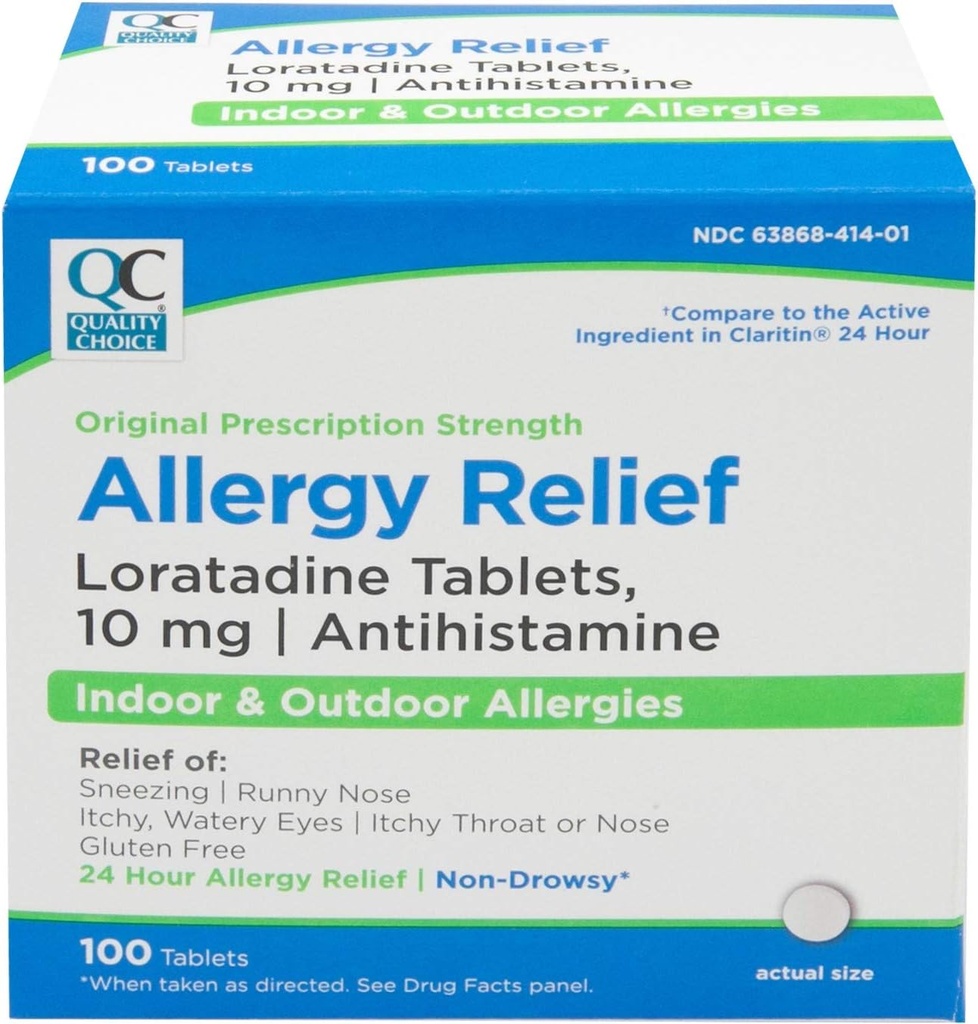 Quality Choice 24 horas Medicina de la alergia, Alivio de la No-Drowsy para las alergias al aire libre, Loratadine 10mg Antihistamine, para el alivio de la estornudez, Runny Nose, Itchy &amp; Watery Eyes, 100 Con