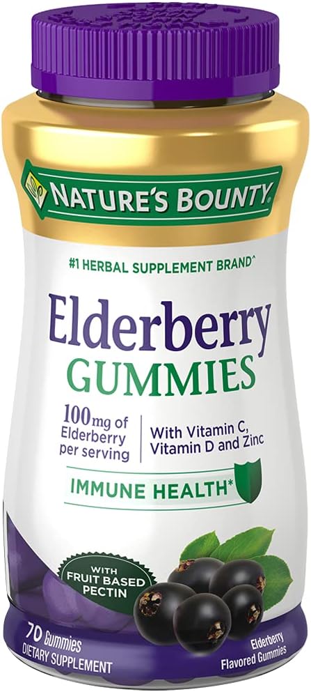 Bounty Elderberry Gummies, Suplemento dietético, soporta la salud inmune, contiene vitamina A, C, D, E y Zinc, 100 mg, 70 Gummies