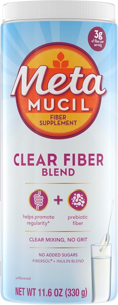 Suplemento de fibra de metamucil, Polvo de mezcla limpia sin sabor, sin rejilla, sin azúcar añadido, Suplemento de fibra prebiótica de base vegetal para la salud digestiva diaria, 75 cucharadas de té
