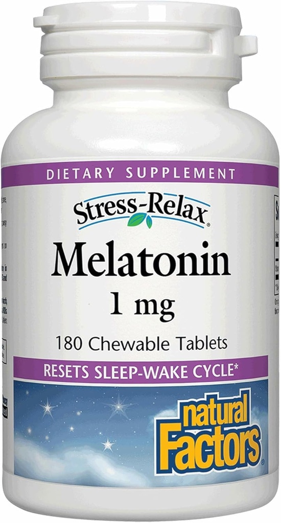 Stress-Relax Melatonin 1 mg por Factores Naturales, Asistencia Natural para el sueño, Reinicie el ciclo del sueño, 180 comprimidos masticables (180 porciones), Peppermint Flavor