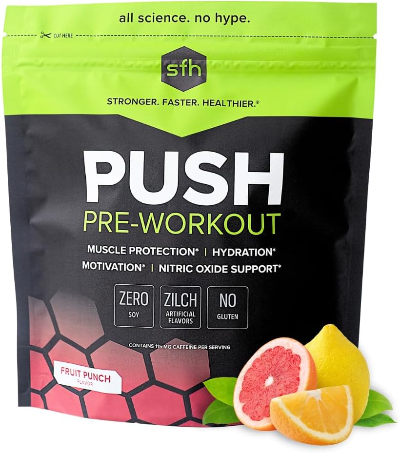 SFH Push Pre-Workout Powder (Fruit Punch) BCAAs for Muscle Repair ¦ Electrolytes Silencio No-Dairy, No Artificial Flavors, Colores, Sugar, Soy, Gluten, o GMOs (Bag)