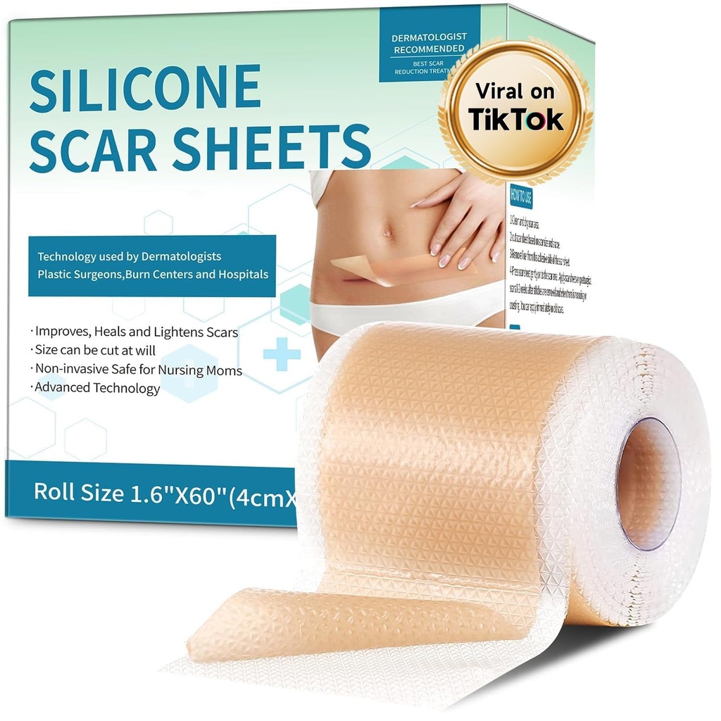 Hojas de cicatrices de silicona, cinta de cicatrices de silicona(1.6"x 60" Roll-1.5M), tiras de silicona, hojas de eliminación de cicatrices profesionales para cicatrices quirúrgicas, Keloid, C-Sección, Burn et