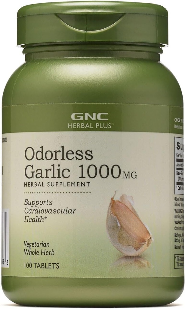 GNC Herbal Plus Ajo sin olor 1000mg Suplemento, Vegetariano, soporta la salud cardiovascular, 100 servicios