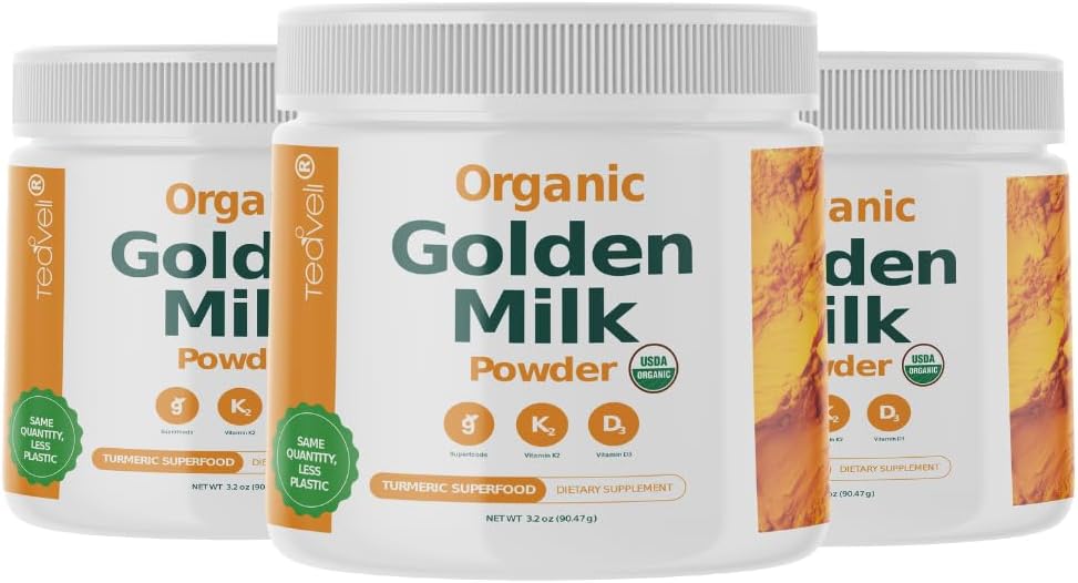 Polvo de leche de oro orgánico con vitaminas D3 " K2, Turmérico, Ginger, Curcumin, Cinnamon, KSM66 Ashwagandha, Basil Santo " Prebióticos Naturales – Delicious Turmeric Unsweetened Tea Latte - 3 Pack