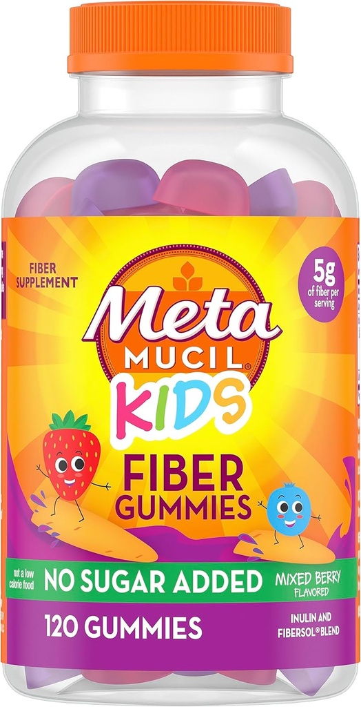 Gaviotas de fibra de los niños metamuciles, sin azúcar añadido, 5g Prebiótico de fibra de base vegetal Suplemento de lino, mezclado de baya saboreado, 120ct Gummies