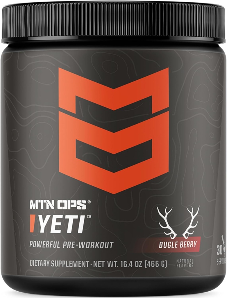 MTN OPS Yeti Pre-Workout Powder Energy Drink with Creatine, 200mg Caffeine &amp; BCAAs with Beta Alanine, 30-Serving Tub, Bugle Berry