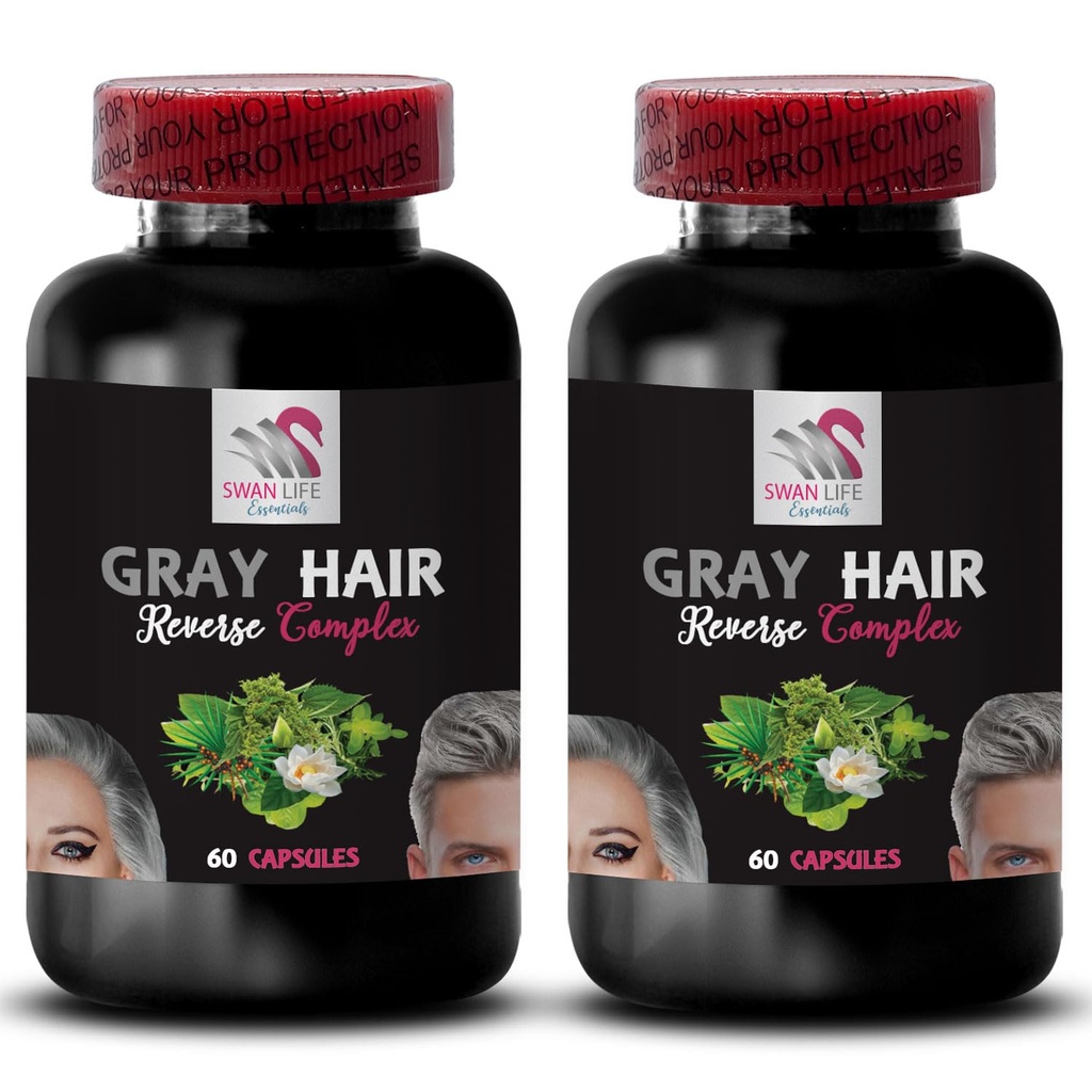 Revitalizador de cabello - GRAY HAIR REVERSE - Incremento de color, Pelo radiante, Renacimiento de la sombra del cabello, Transformación del cabello, Pelo brillante, Aspecto juvenil, Color de pelo rico, Pelo brillante, Color de pelo fresco 2Bot 120Caps