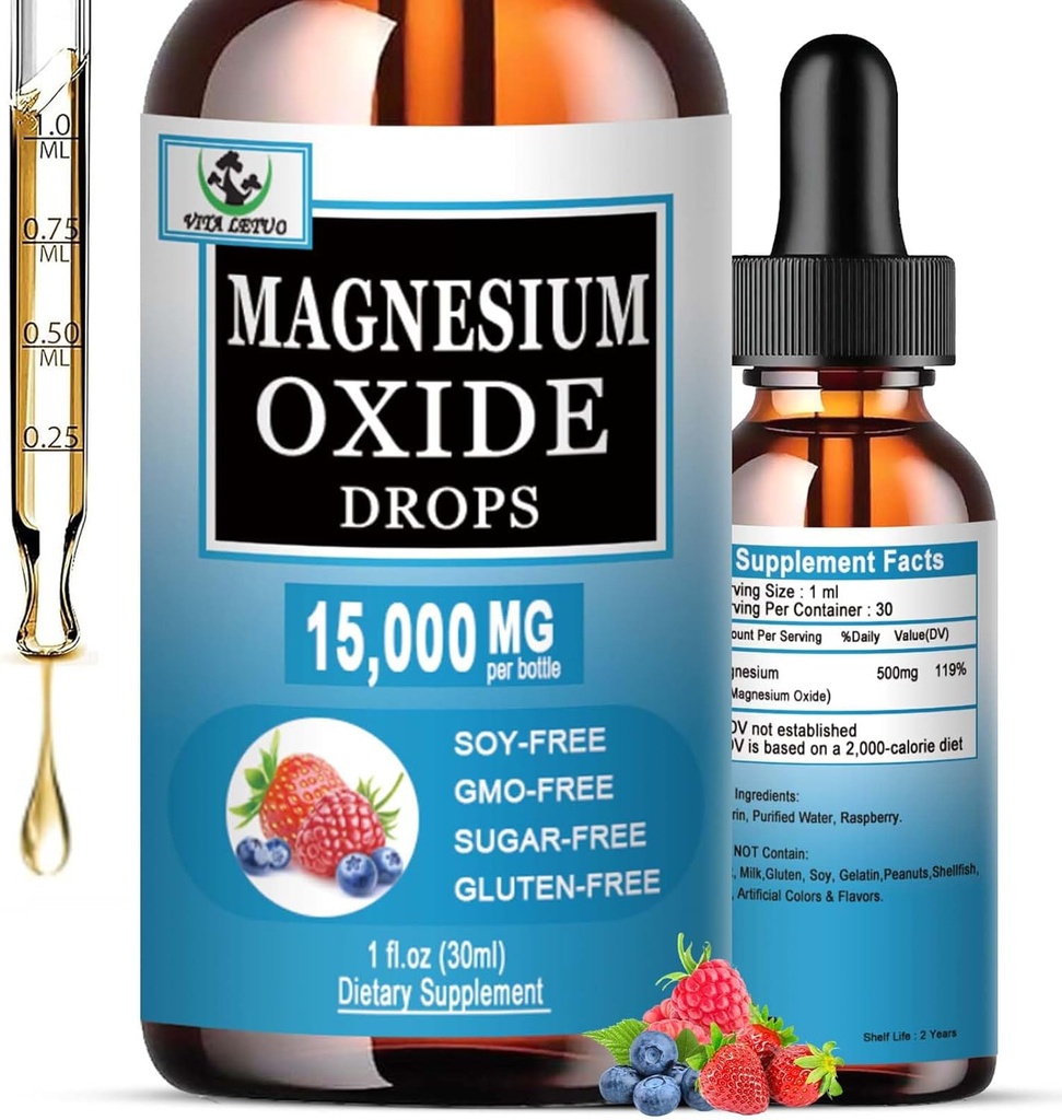 Oxido de Magnesio 500mg, Suplemento de Magnesio Líquido para el sueño, Nerve, Salud del corazón, Relieve de la musculatura, Alto Oxido de Absorción gotas líquidas para adultos &amp; niños, Gluten Gratis, No GMO, Vegan