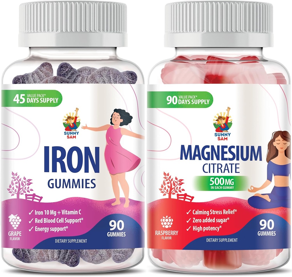 Magnesio Gummies 500mg & Iron Gummies para adultos - Vitaminas de hierro con vitamina C