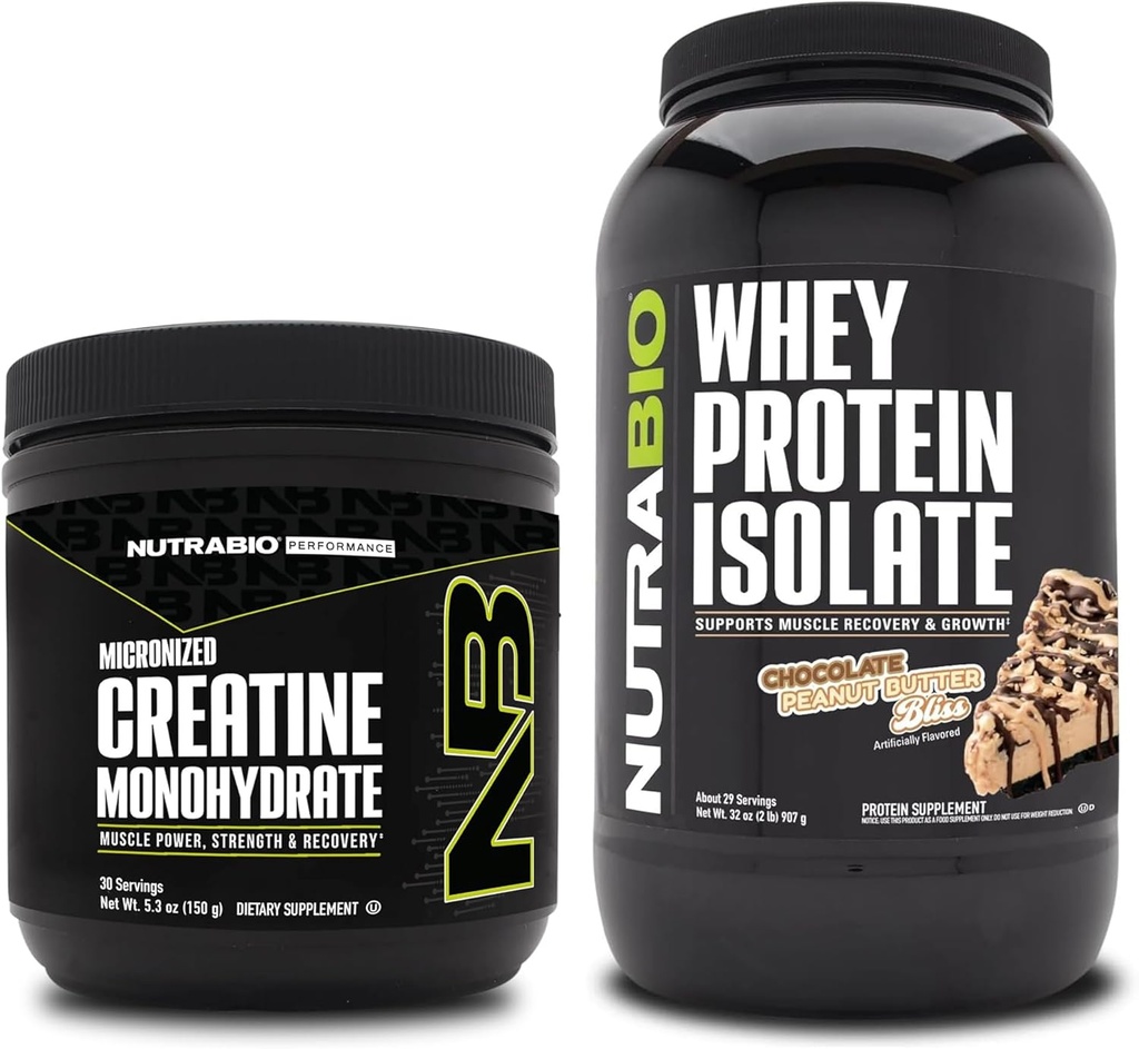 NutraBio Creatine Monohydrate, Unflavored, 150g and Whey Protein Isolate, Chocolate Peanut Butter, Supplement Bundle - Muscle Energy, Lean Muscle Growth, Recovery, and Strength