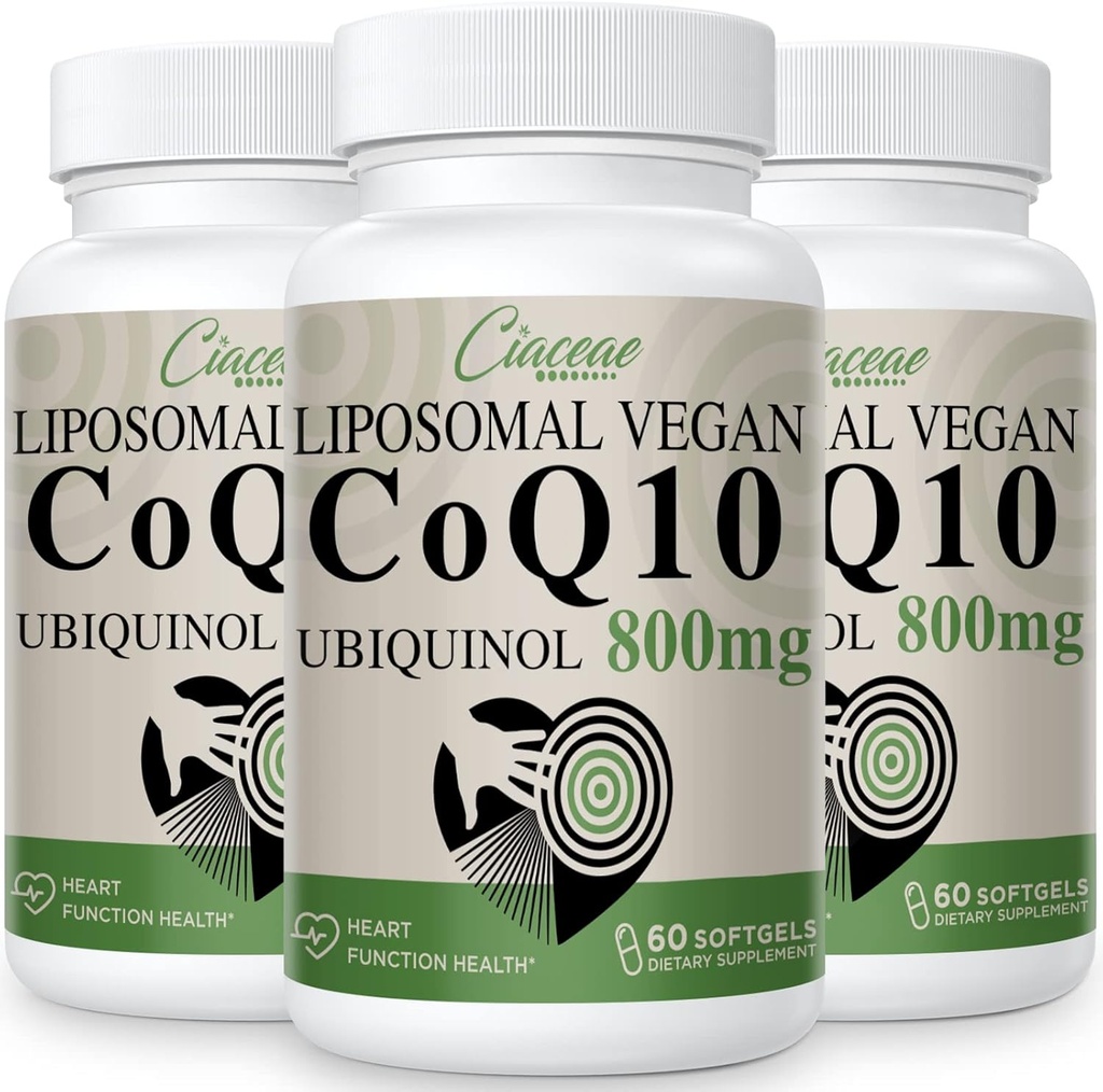 Liposomal CoQ10 800mg Ubiquinol Softgel, Max Absorption Ubiquinol Coenzyme Q10, Ubiquinol CoQ10 Suplemento para Antioxidante, Función cardíaca " Producción energética, CoQ10 puro 800mg, 180 Vegan Softgels