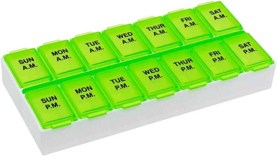 Ezy Dose Weekly (7-Day) Organizador diario AM/PM, Planificador de vitaminas y Contenedor de medicina, Caso para suplementos y aceites de pescado, Compartimientos medios, 2 veces al día, Verde, BPA Gratis
