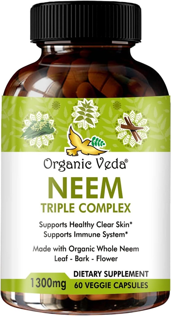 Orgánica Veda Neem cápsulas con triple complejo Neem Leaf Extracto, Bark & Flower - Herbal Suplemento Boost Immunity, mejora la digestión, la salud de la piel &amp; la limpieza de soporte - 60 cuenta