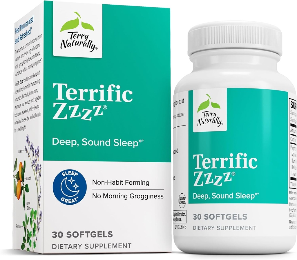 Terry Naturalmente Terrific Zzzz - Suplemento de sueño para adultos - Suplemento dietético con mandarín, limón Balm &amp; Lavender - No GMO Relax &amp; Sleep Relief Aid - 30 Softgels