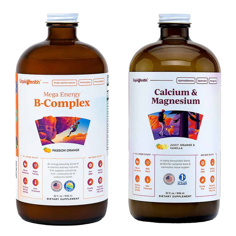LIQUIDHEALTH Mega Energy B-Complex &amp; Calcium Liquid Vitamin Bundle for Adults - Aumentar el nivel de energía natural, bonificación " Joint Health, Boost Immune System - Vegan, Non-GMO, USA Made